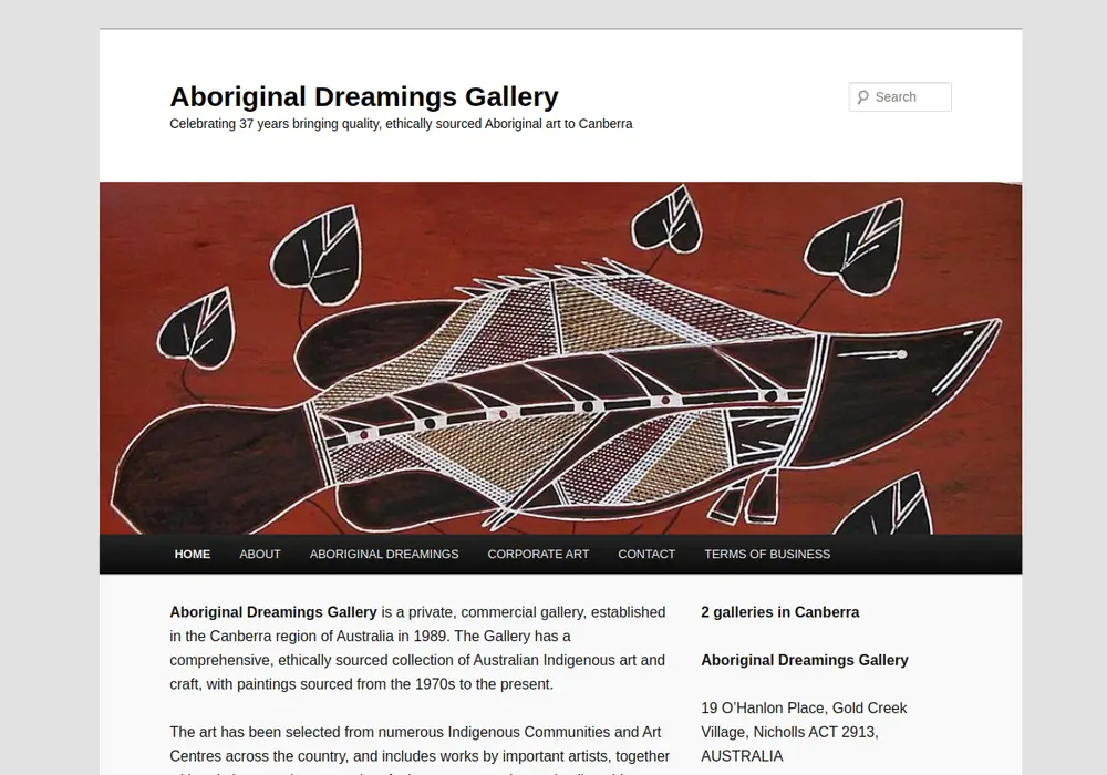 Homepage of Aboriginal Dreamings Gallery