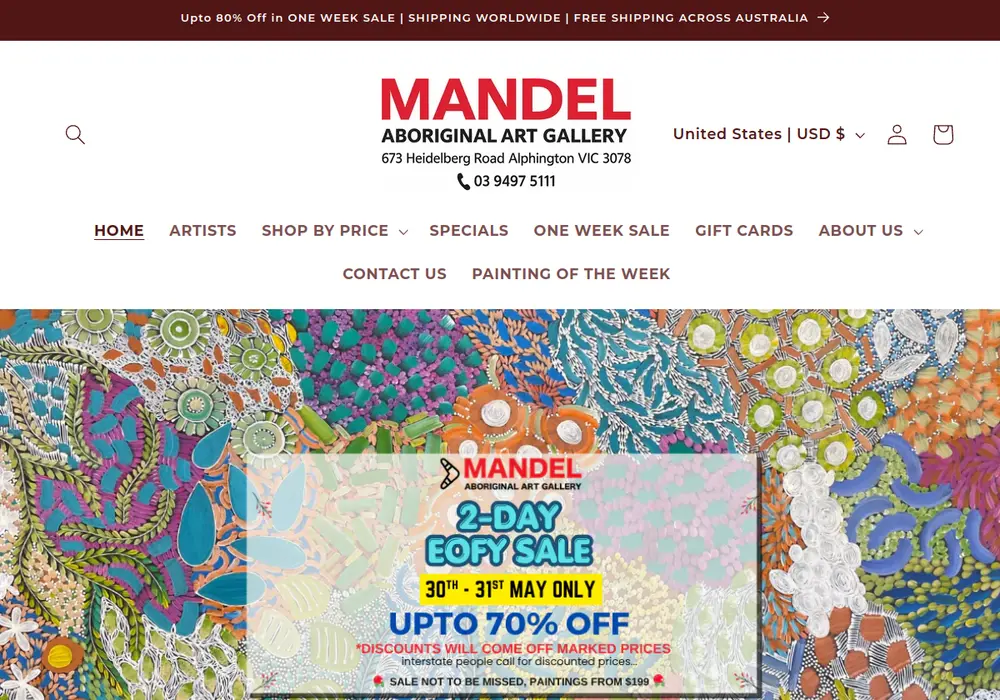 Homepage of Mandel Aboriginal Art Gallery