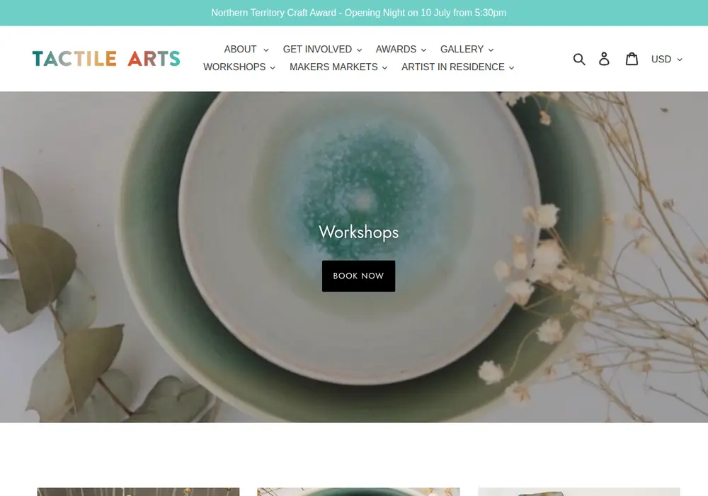 Homepage of Tactile Arts Gallery and Studios